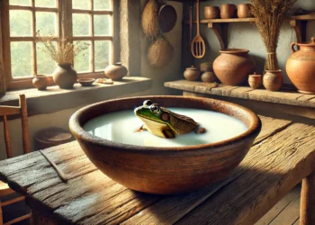 A realistic depiction of a frog partially submerged in a large clay bowl of milk, placed on a rustic wooden table in a traditional, old-fashioned kitchen.