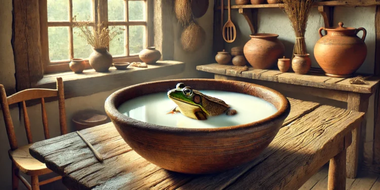 A realistic depiction of a frog partially submerged in a large clay bowl of milk, placed on a rustic wooden table in a traditional, old-fashioned kitchen.