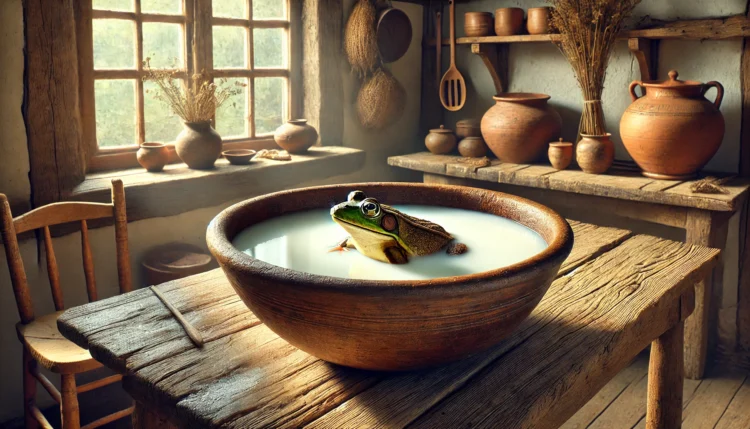 A realistic depiction of a frog partially submerged in a large clay bowl of milk, placed on a rustic wooden table in a traditional, old-fashioned kitchen.