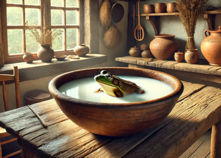 A realistic depiction of a frog partially submerged in a large clay bowl of milk, placed on a rustic wooden table in a traditional, old-fashioned kitchen.