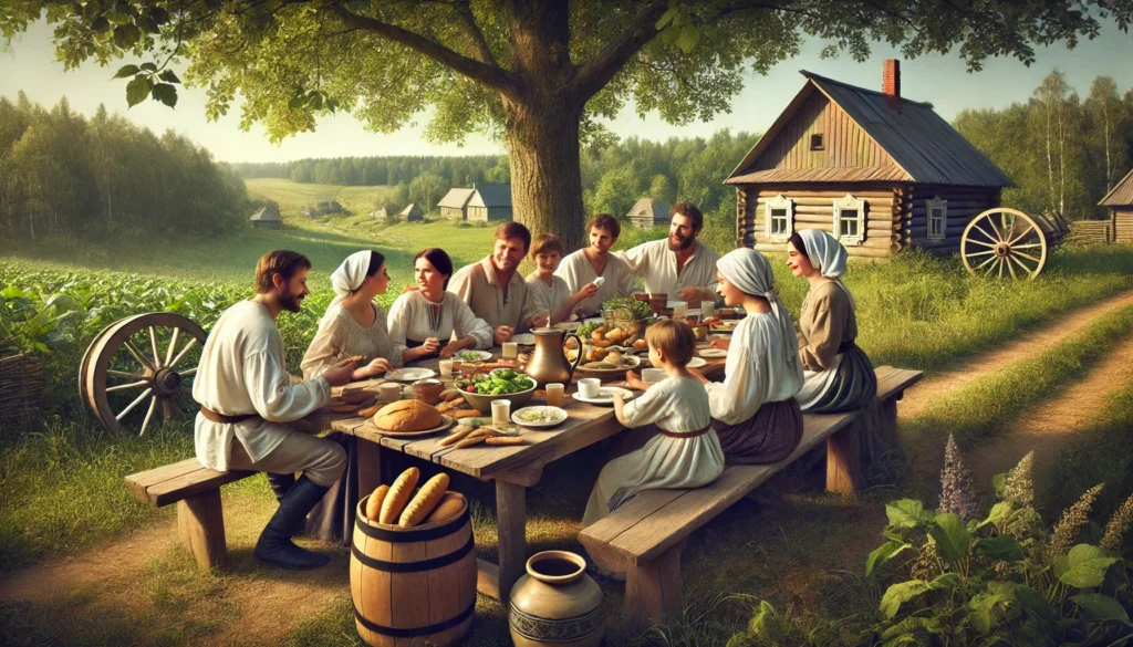 A traditional Russian farming family sharing a simple, hearty lunch outdoors, surrounded by the beauty of the rural countryside.