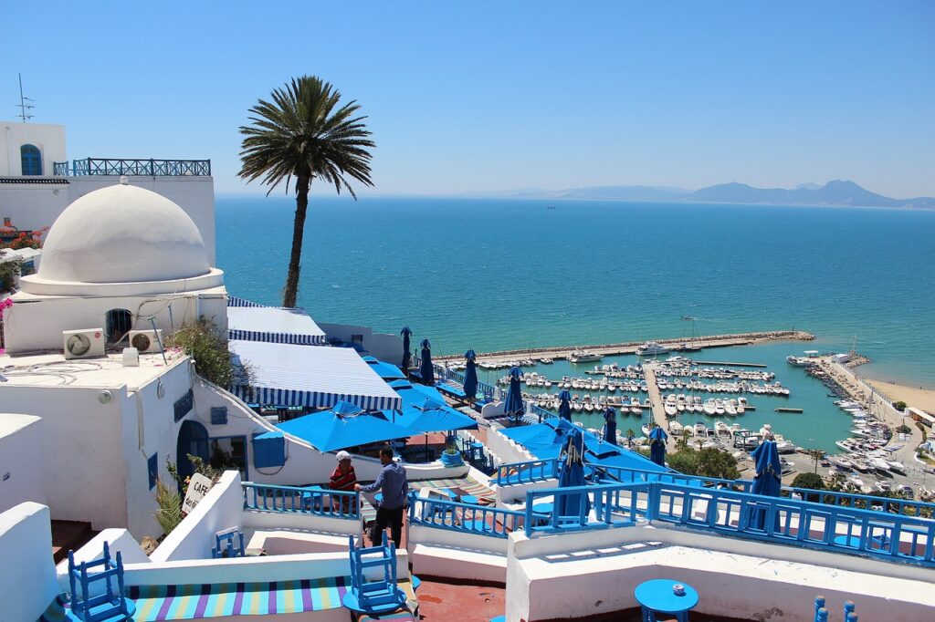 Tunisia, Sidi Bou Said blue and white village overlooking the Mediterranean 