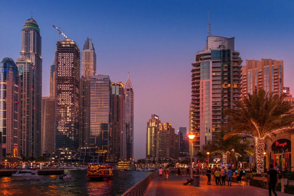 Dubai marina city buildings view during Sunset